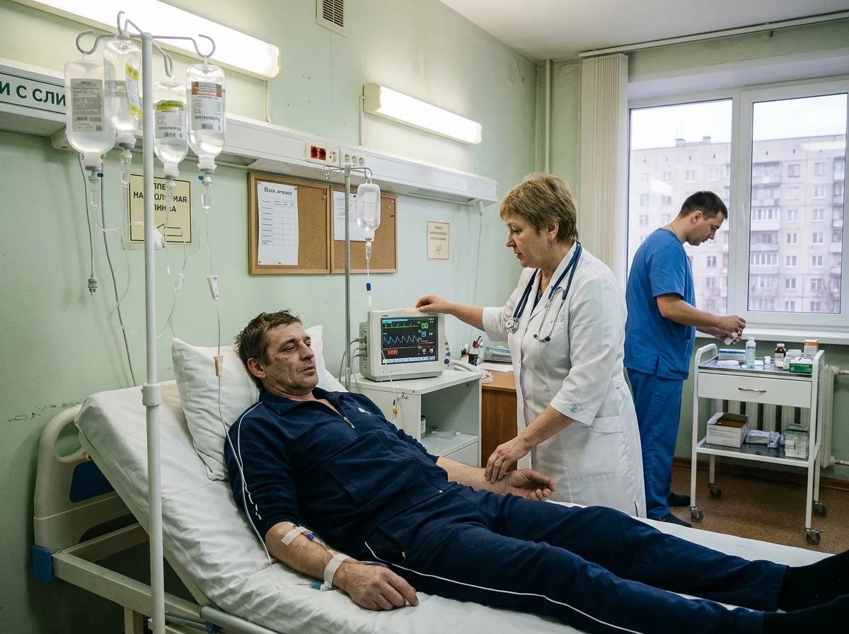 Лечение алкоголизма и вывод из запоя в Нижнем Новгороде — капельница, медицинское оборудование, доктор контролирует состояние пациента
