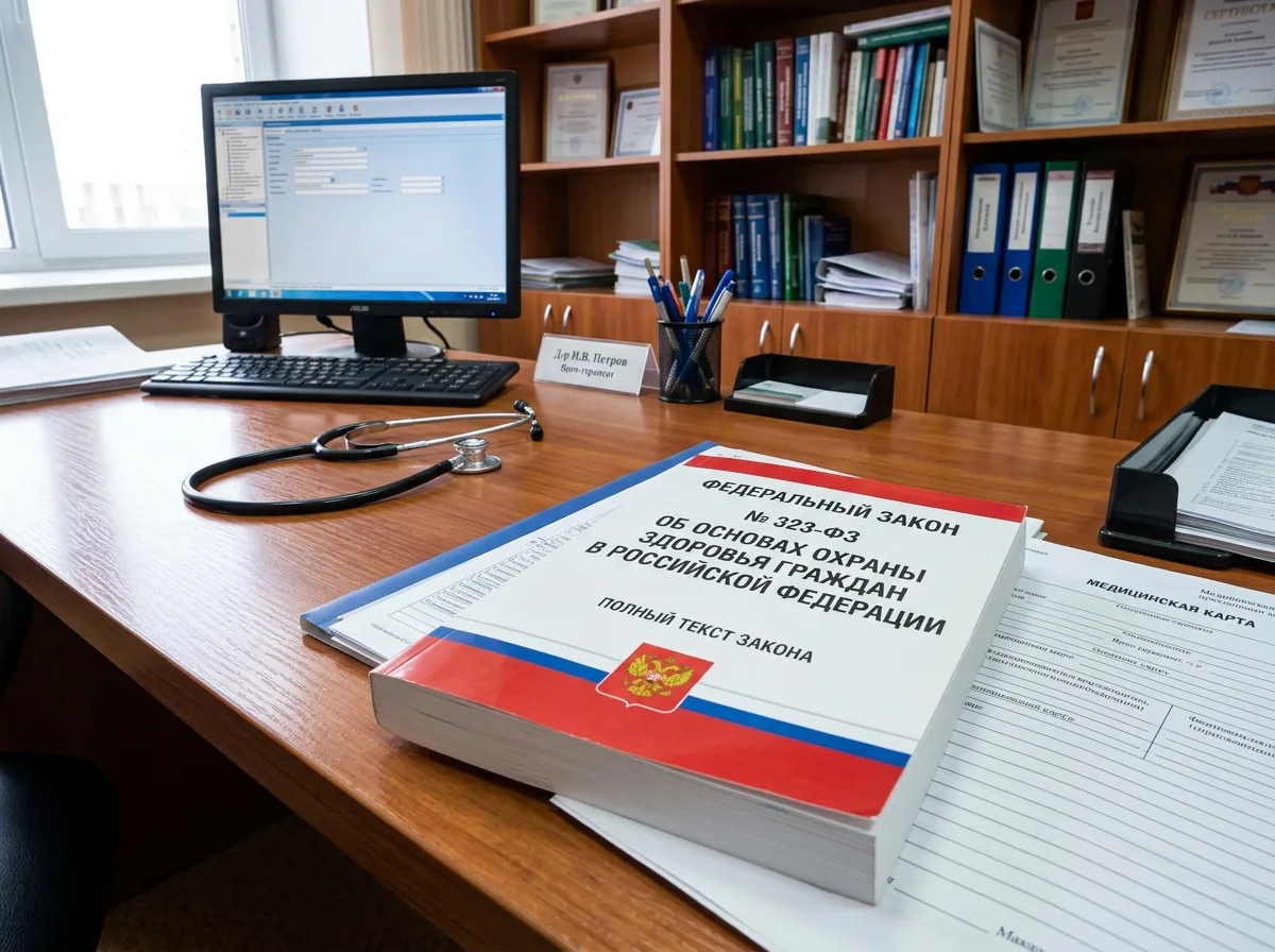 Федеральный закон 323-ФЗ об основах охраны здоровья граждан — буклет с текстом закона на офисном столе медицинского специалиста